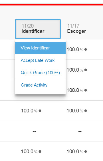 A screenshot displays dates, percentages, and options like "Identificar," "Escoger," and "Quick Grade," suggesting grading details.