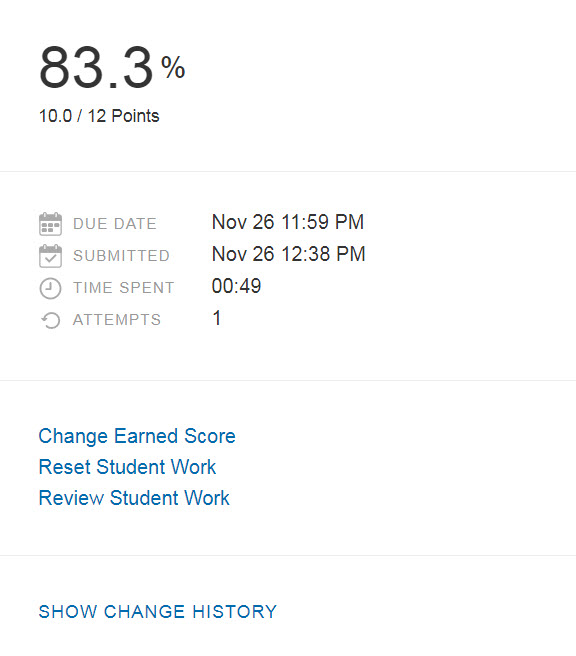A screenshot of a phone display showing a score of 83.3%, 10/12 points, submission details, and time spent on a task.