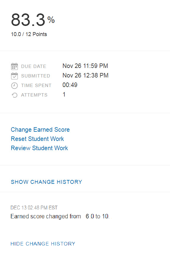 A screenshot displays assignment details: 83.3% score, 10/12 points, submitted late on Nov 26 at 12:38 PM, with a score update on Dec 13.