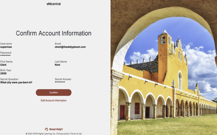 Confirm Account Information page
