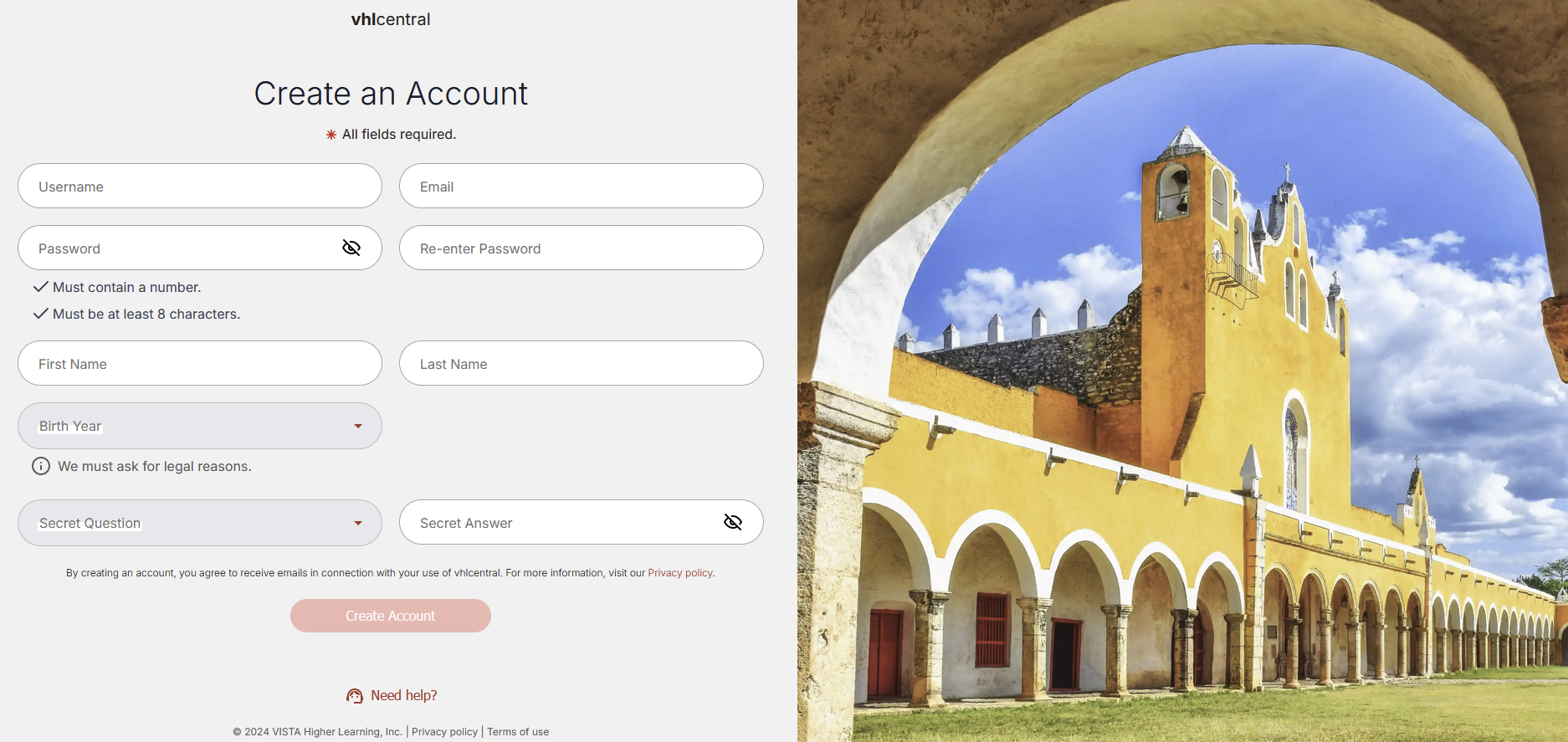 Create an account page