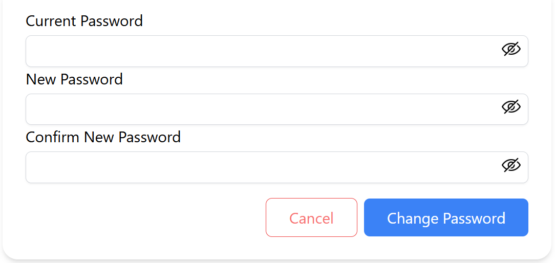 A password change form with fields for current password, new password, confirm new password, and buttons for cancel and change password.