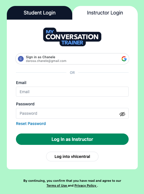 A login page showing options for Student and Instructor login, with fields for email and password, and links for password reset.