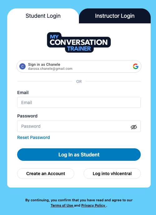 A login page with options for student or instructor access, email/password fields, and links to reset password or create an account.