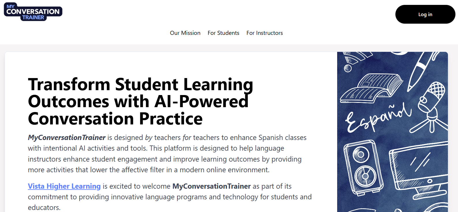 Overview of MyConversationTrainer, an AI tool for enhancing Spanish learning with activities to improve engagement and reduce affective filters.