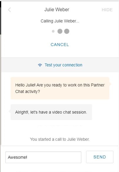 Chat widget with text chat and partner invitation send in progress