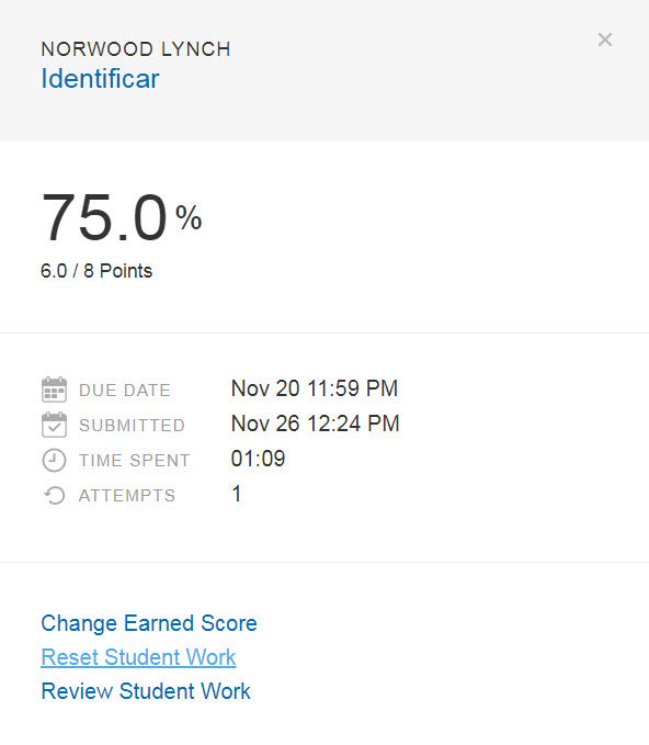 A screenshot displays details of a task submission, including score, due date, submission date, time spent, and attempts.