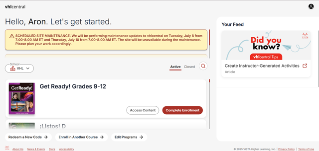 vhlcentral homepage displaying multiple maintenance messages and programs.