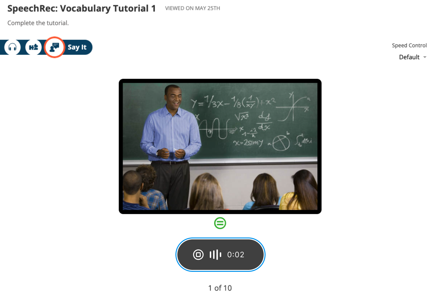 Speech recognition user interface during recording, featuring an an image and oval shaped black button labeled with recording timer in white text..