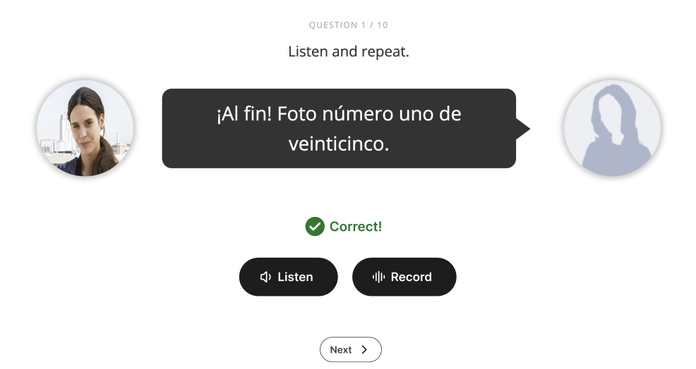 Dialogue Listen & Repeat activity featuring high-contrast Listen and Repeat buttons and color-coded correct answer icon and message.