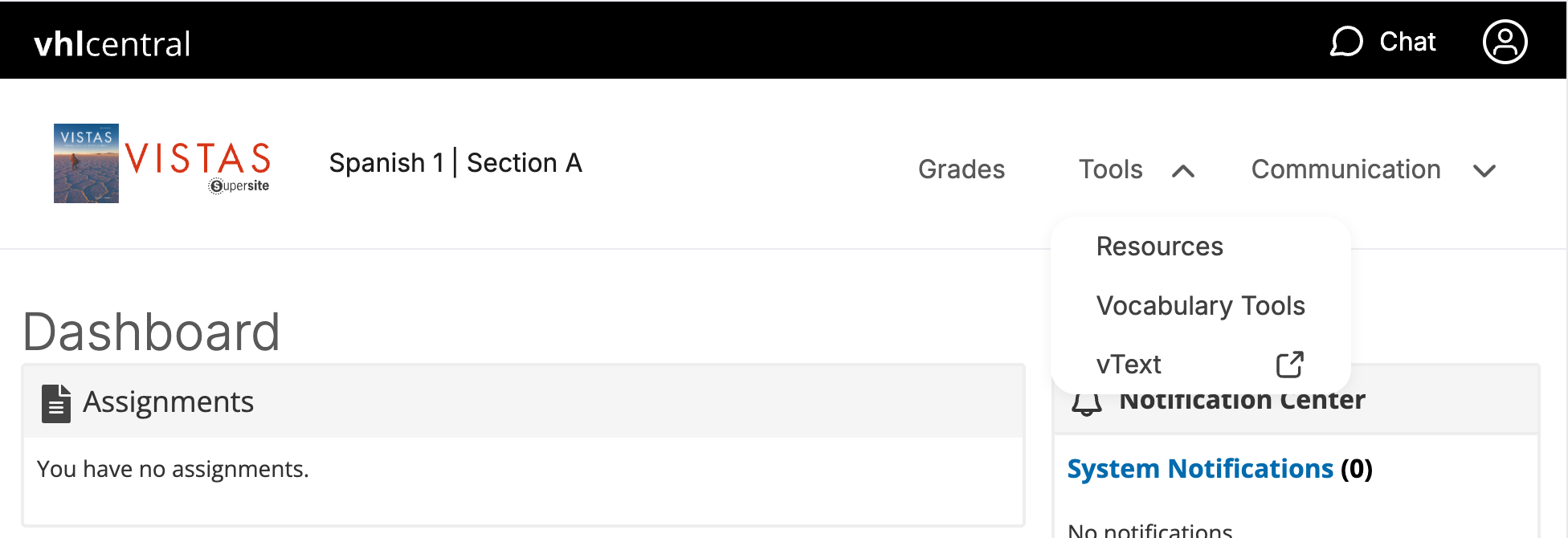 Student navigation menus with options to access Grades, Tools (menu expanded), and Communication