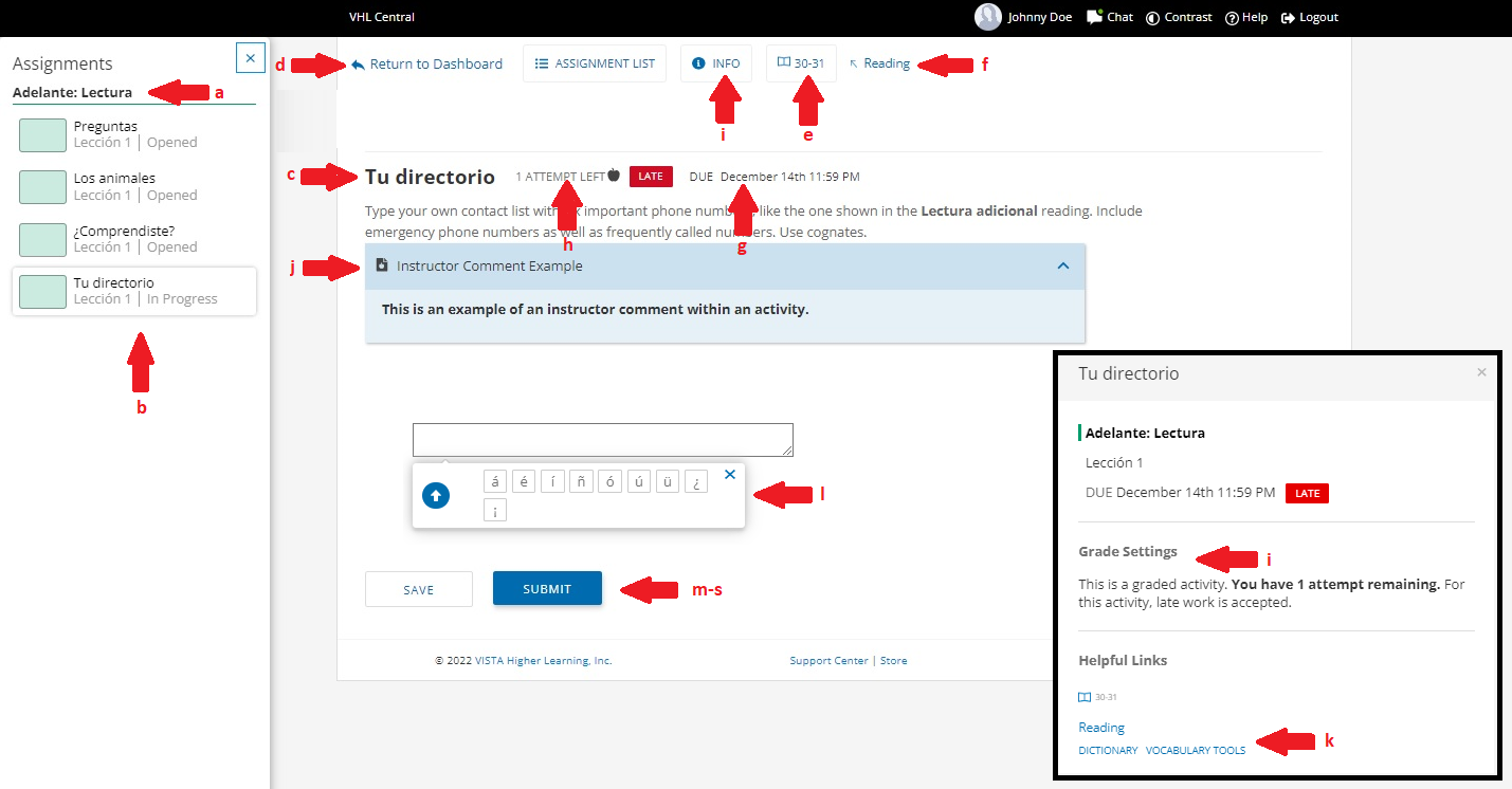Activity view with arrows to key items a-s