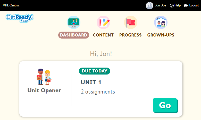 Supersite junior student dashboard displaying upcoming activities.