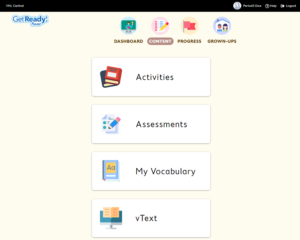 Content menu page with Activities, Assessments, My Vocabulary, and vText buttons.