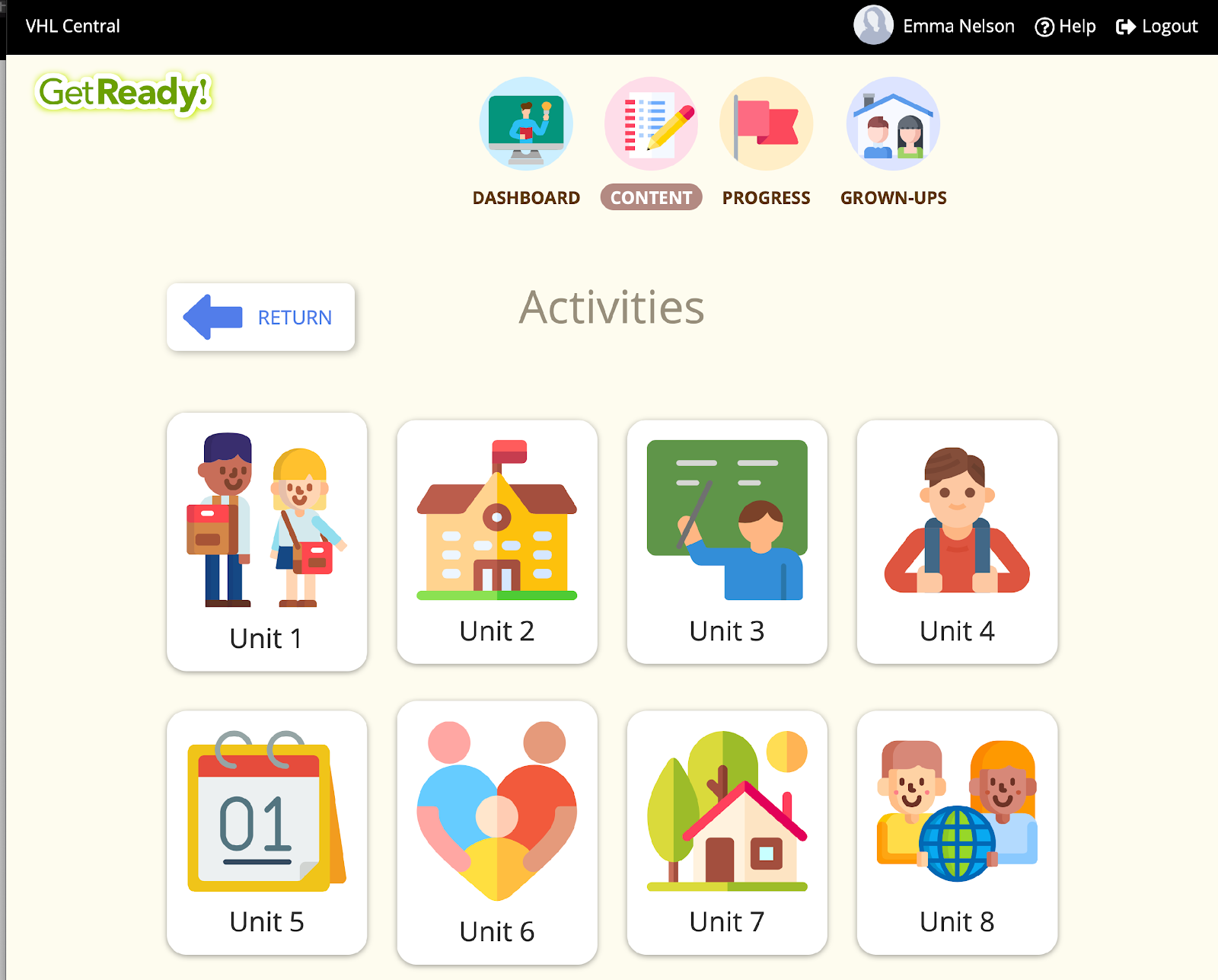 A dashboard interface with navigation tabs, unit options, and visible text like "VHL Central" and "Emma Nelson Help Logout."