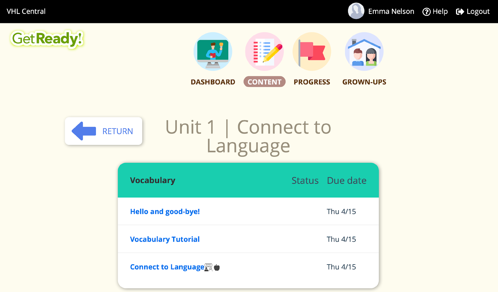 Focuses on vocabulary for greetings and farewells, including tutorials and due dates for practice.