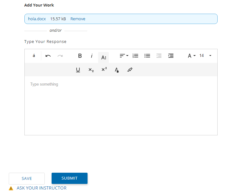 A screenshot shows a document titled "hola.docx" (15.57 KB) with options to save, submit, or ask the instructor.