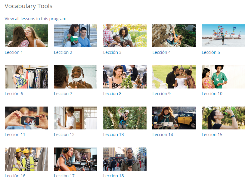 Overview of vocabulary lessons in a Spanish language program, listing 18 lessons labeled as "Lección 1" through "Lección 18".