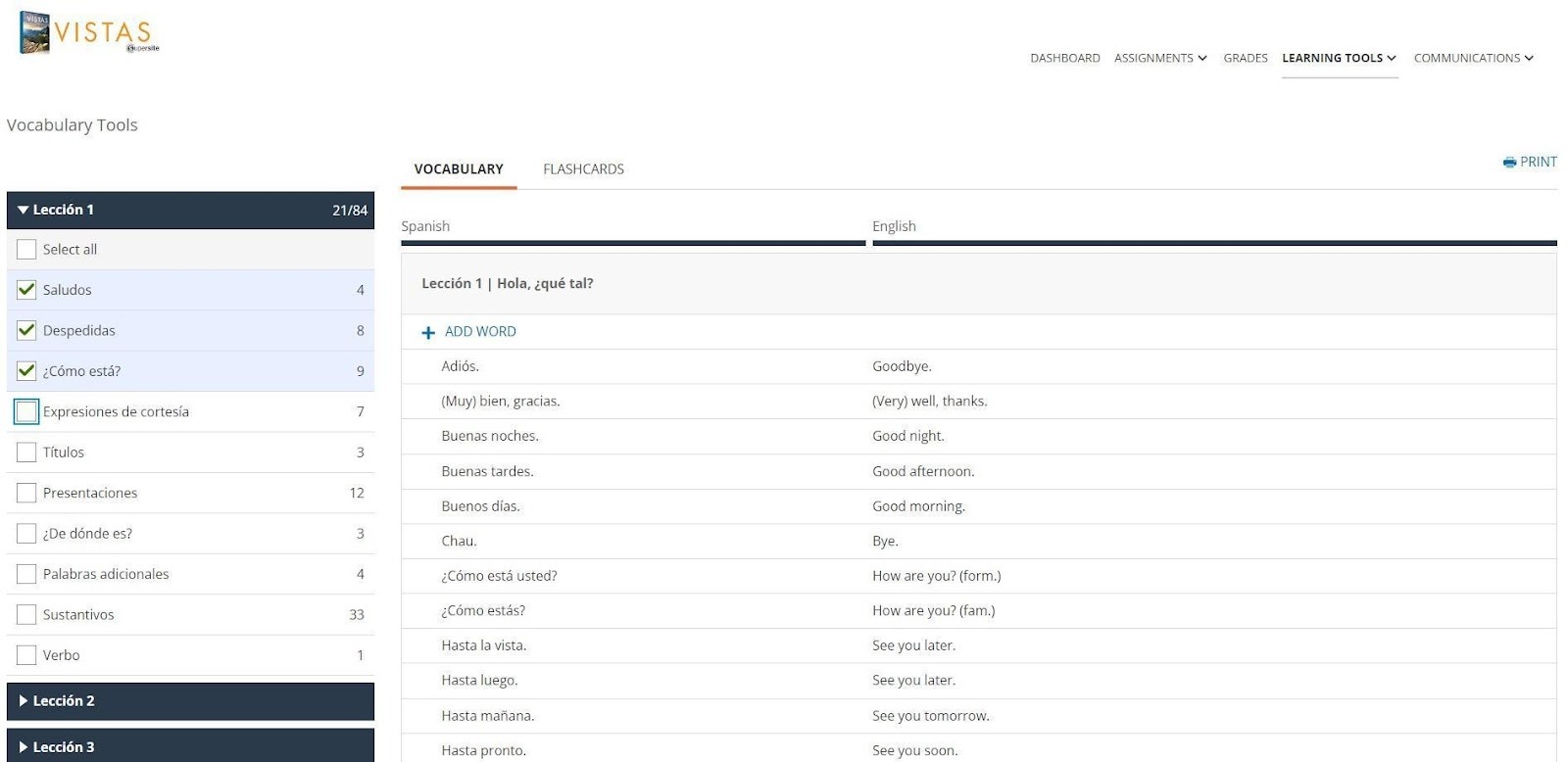 A language learning dashboard with Spanish-English vocabulary flashcards, showing greetings, farewells, and polite expressions.