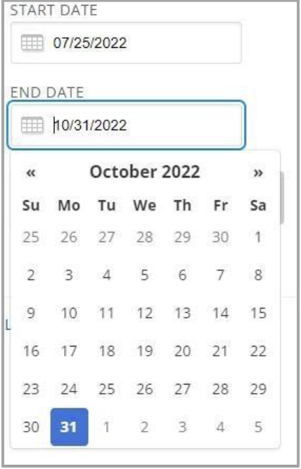 Calendar pop-up allowing you to select your start and end dates.