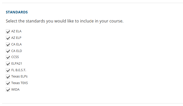 Select the standard sets you would like to include in your course.