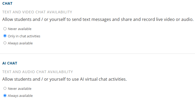 Screenshot of both Chat tools and AI Chat Tools that allow instructor to enable/disable communication using audio and video chat features.