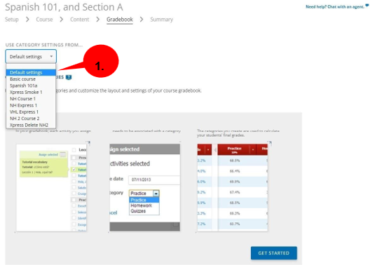 Dropdown menu labeled “Use category settings from” expanded on the Gradebook Summary page, showing options such as Default settings