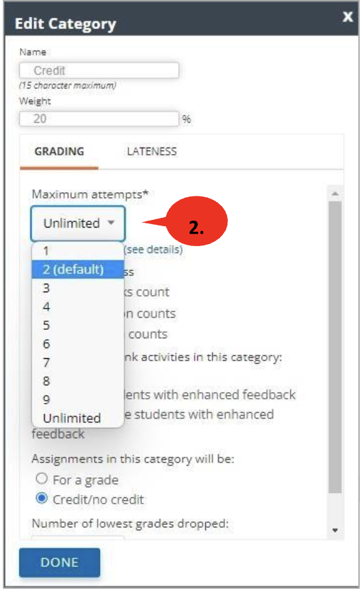 In Edit Category, Grading tab is shown: the Maximum attempts drop-down displays a list of numbered attempts, with "2 (default)" highlighted.