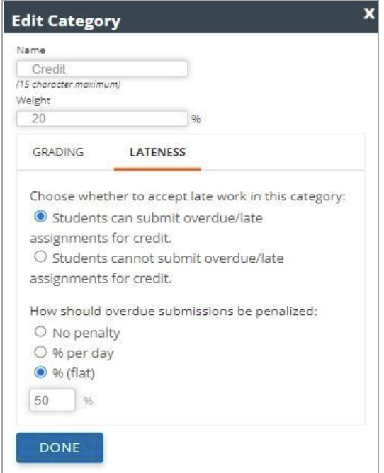 In Edit Category, Lateness tab is shown, with option to choose whether or not to accept late work for credit, followed by options for selecting penalty for late submission: no penalty, % per day, or a flat percentage