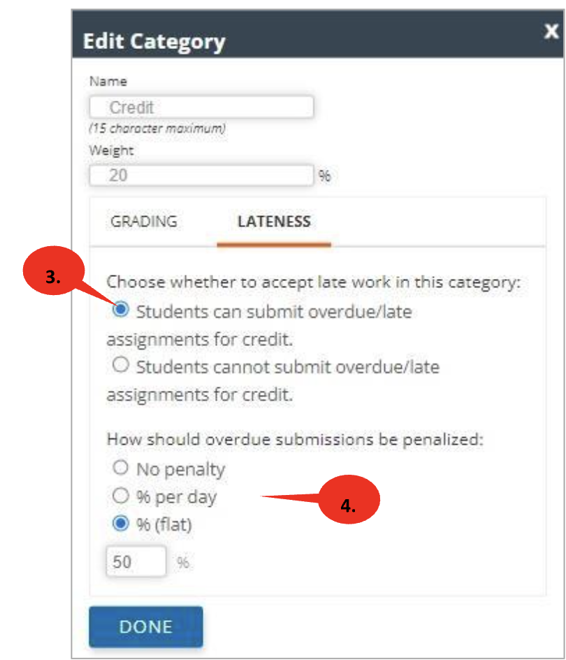 In Edit Category, Lateness tab is shown, with option to choose whether or not to accept late work for credit, followed by options for selecting penalty for late submission: no penalty, % per day, or a flat percentage