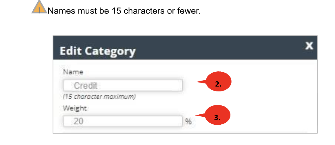 Edit Category pop-up showing fields to enter a new category name and category weight.
