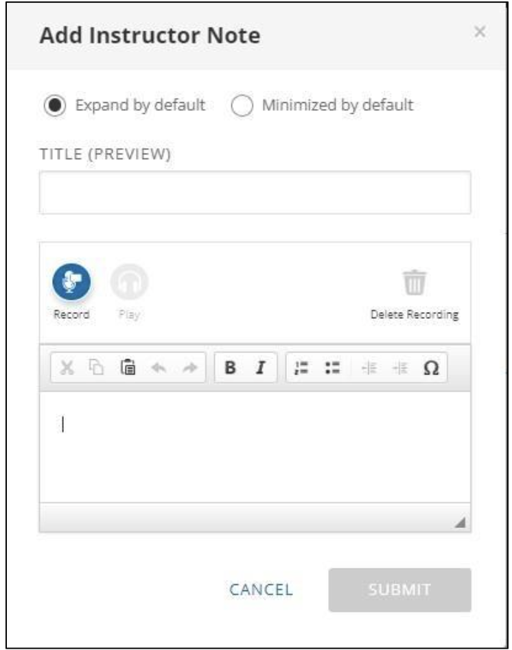 Add Instructor Note dialog with title field, text editor, and audio recording options.