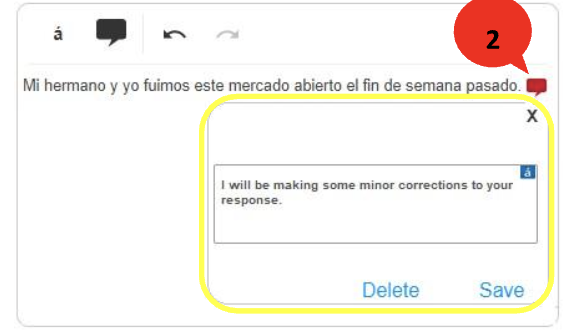 Inline comment box displayed next to a student’s sentence, showing a typed correction message with options to delete or save the comment.