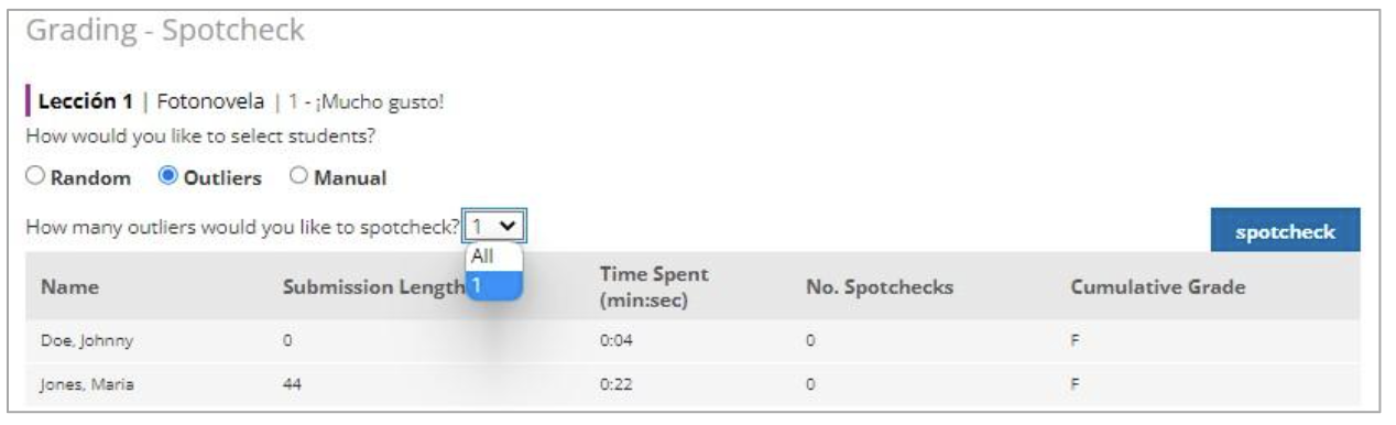 Screenshot of the “Grading - Spotcheck” page with “Outliers” selected, a dropdown set to “1”