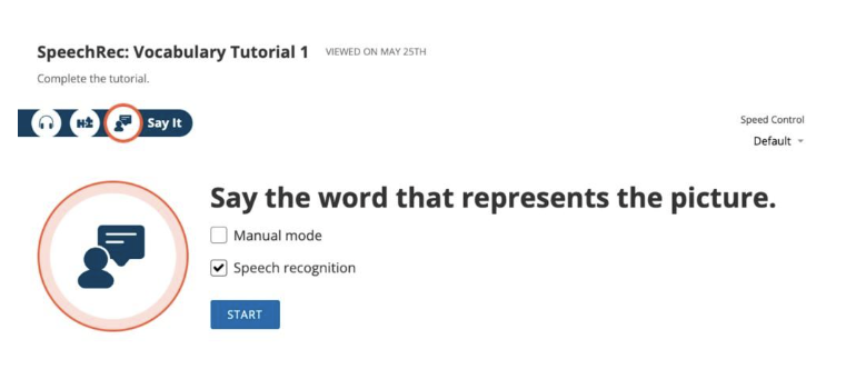 VHL Central SpeechRec Vocabulary Tutorial 1 Say It step with speech recognition enabled and a Start button.