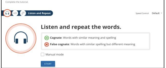 VHL Central Vocabulary Tutorial Listen and Repeat step showing cognate and false cognate definitions with a Start button.