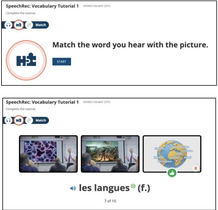 VHL Central SpeechRec Vocabulary Tutorial 1 Match step, showing the start screen above and an active question below with three images and the word 'les langues' at item 7 of 10.