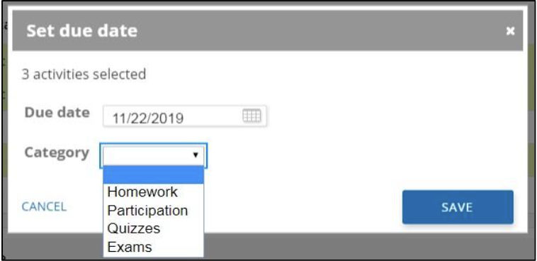 A Set due date dialog box is displayed with 3 activities selected. The Due date field is set to 11/22/2019, and the Category dropdown menu is expanded. The dropdown list shows four category options: Homework, Participation, Quizzes, and Exams. A blue SAVE button appears on the right side of the dialog, and a CANCEL link appears on the left. The image demonstrates selecting an assignment category while setting a due date for multiple activities.