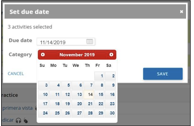 A “Set due date” dialog box is displayed with 3 activities selected. The dialog includes a Due date field set to 11/14/2019 and an open calendar picker showing November 2019. The date 14 is visible within the calendar grid. A blue SAVE button appears on the right side of the dialog, while a CANCEL link appears in the lower-left corner. The calendar overlay partially covers the dialog and allows selection of a due date.