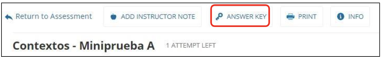 VHL Central assessment toolbar for Contextos - Miniprueba A with the Answer Key button highlighted
