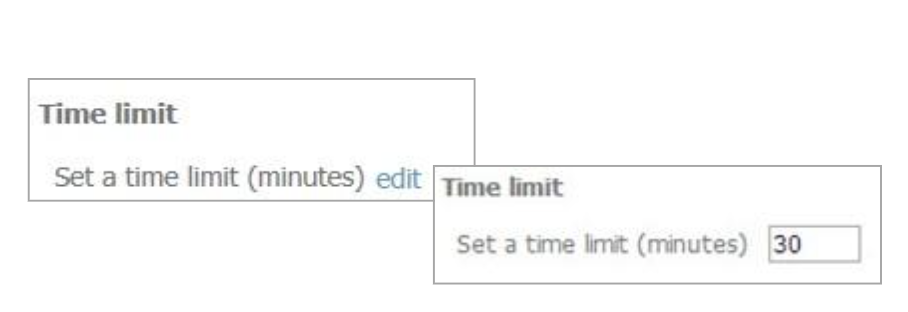 Close-up view of the Time limit setting within an assessment assignment configuration page. The upper section displays the text “Set a time limit (minutes)” followed by an edit link, indicating that a time limit can be added or modified for the assessment. The lower section shows the time limit editing field after selecting edit. A text box is displayed with the value 30, representing a 30-minute time limit for completing the quiz or assessment. The image demonstrates how instructors can set the amount of time students are allowed to spend on an assessment once it has been started.