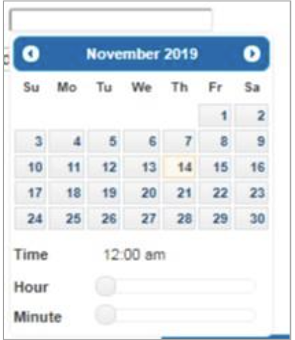 ]Close-up view of a date and time picker used when configuring assessment availability. The calendar widget is open and displays November 2019, with navigational arrows on either side of the month name for moving between months. Below the calendar, a Time field is set to 12:00 am, and separate sliders labeled Hour and Minute allow the user to specify a release time. The image illustrates the option to make an assessment available on a specific date and time by selecting a calendar date and setting the desired release time.