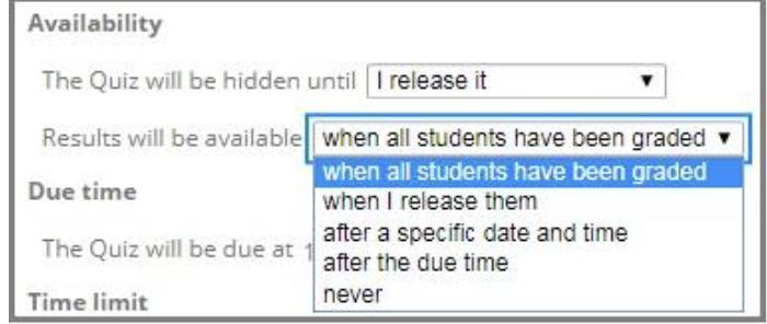 Close-up view of the Availability section within an assessment assignment settings page. The first availability option shows “The Quiz will be hidden until” with the selection “I release it.” Below, a second drop-down menu labeled “Results will be available” is expanded to display the available result-release options. The selected option is “when all students have been graded.” Additional options in the menu include “when I release them,” “after a specific date and time,” “after the due time,” and “never.” The image demonstrates how instructors can control when students are able to view their assessment results after completing a quiz.