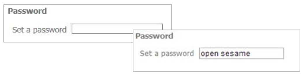 Close-up view of the Password setting within an assessment assignment configuration page. The upper section displays a Set a password field, allowing instructors to add a password requirement for accessing the quiz or assessment. The lower section shows an example of the password field after a password has been entered. The text box contains the password “open sesame.” The image demonstrates how instructors can create a password-protected assessment, requiring students to enter the specified password before they can begin the quiz.