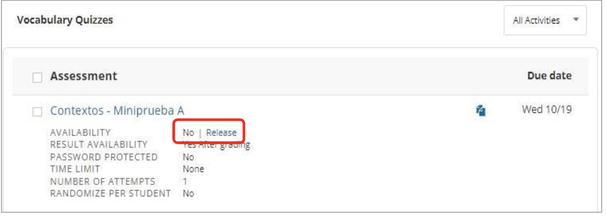 VHL Central Vocabulary Quizzes page showing Contextos - Miniprueba A with Availability set to No and the Release option highlighted.