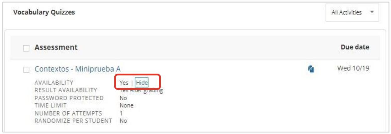 VHL Central Vocabulary Quizzes page showing Contextos - Miniprueba A with Availability now set to Yes and the Hide option highlighted.