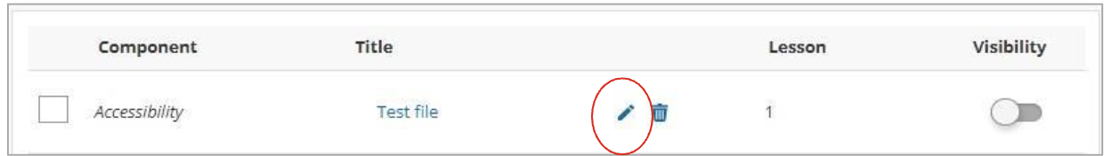 VHL Central Resources table showing an Accessibility resource titled 'Test file' with the edit icon highlighted.