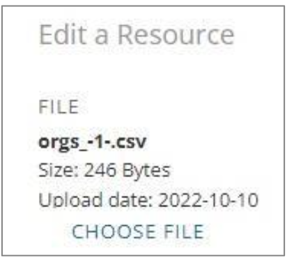 VHL Central Edit a Resource panel showing file details for orgs_-1-.csv with a Choose File option.