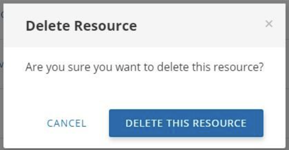 VHL Central Delete Resource confirmation dialog with a Delete This Resource button.