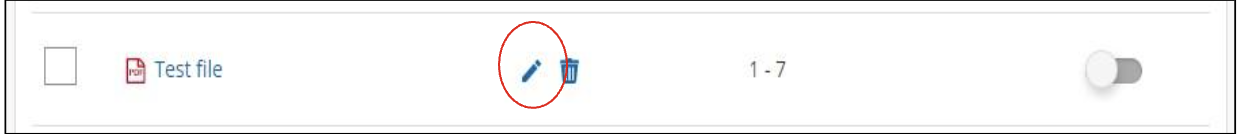 VHL Central resource row for 'Test file' with the edit icon highlighted.